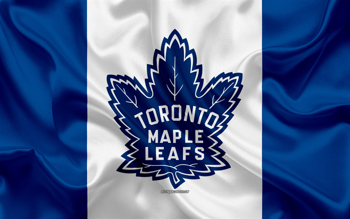Toronto Maple Leafs, 4k, logo, amblem, ipek doku, Kanada bayrağı, Kanada hokey kul&#252;b&#252;, NHL, Toronto, Ontario, Kanada, ABD, Ulusal Hokey Ligi, Hokey, ipek bayrak