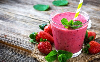 strawberry smoothies, berries, fruits, breakfast, smoothie in glassful, healthy food, fruit smoothies