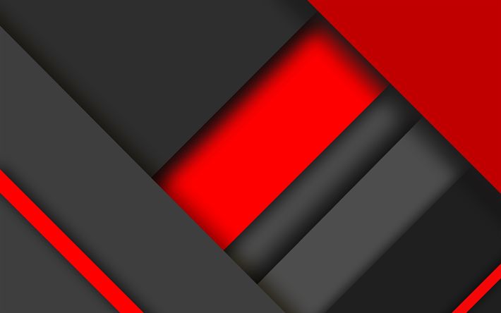 4k-material-design, rot und schwarz, bunte linien, geometrische formen, lutscher, dreiecke, kreative, streifen, geometrie, dunklen hintergrund