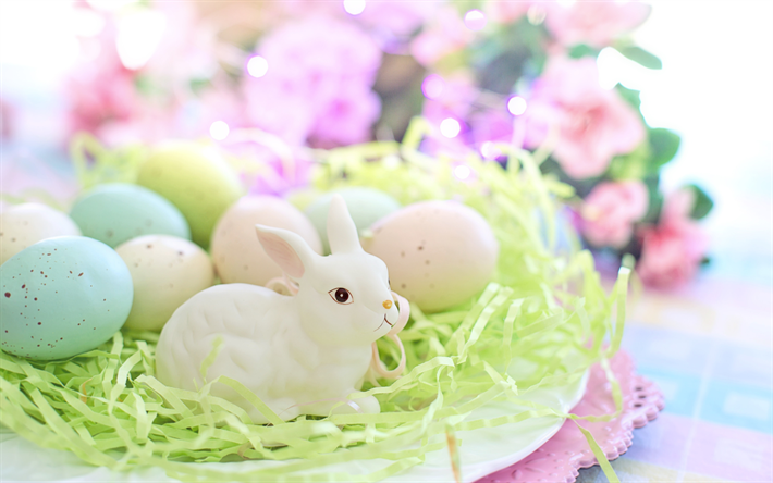 Easter, white rabbit, decoration, Easter eggs, painted eggs, spring flowers