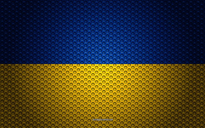 علم أوكرانيا, 4k, الفنون الإبداعية, شبكة معدنية الملمس, العلم الأوكراني, الرمز الوطني, أوكرانيا, أوروبا, أعلام الدول الأوروبية
