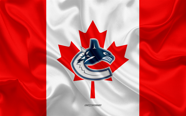 Vancouver Canucks, 4k, logo, tunnus, silkki tekstuuri, Kanadan lippu, Canadian hockey club, NHL, Vancouver, British Columbia, Kanada, USA, National Hockey League, J&#228;&#228;kiekko, silkki lippu