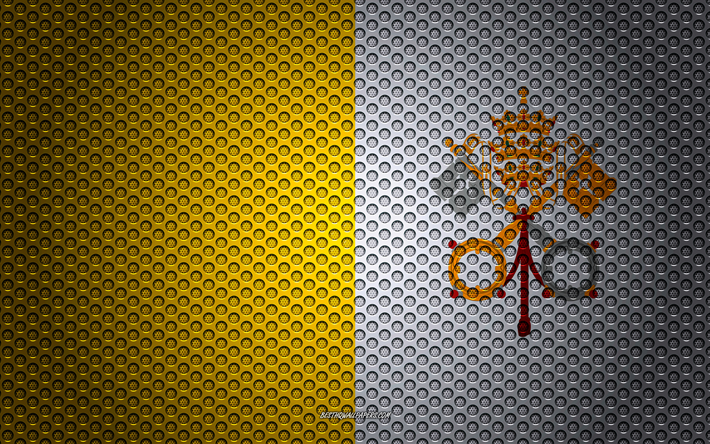 Flag of Vatican City, 4k, creative art, metal mesh texture, Vatican City flag, national symbol, Vatican City, Europe, flags of European countries