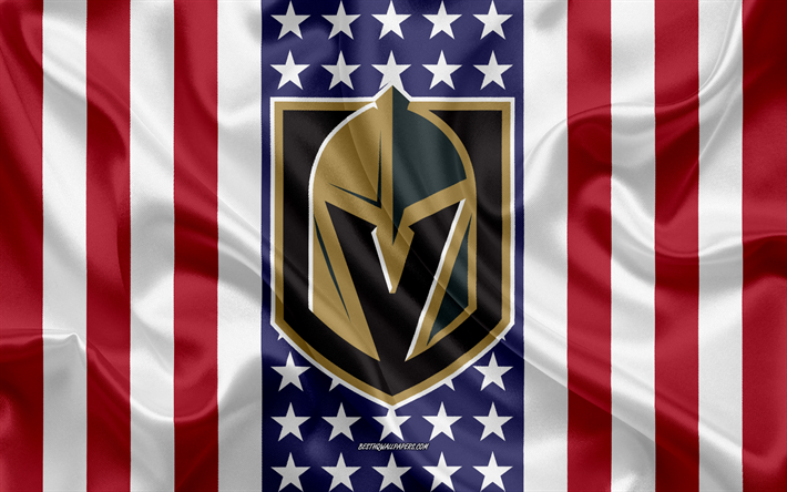Vegas Golden Knights, 4k, logotyp, emblem, siden konsistens, Amerikanska flaggan, American hockey club, NHL, Paradise, Nevada, USA, National Hockey League, ishockey, silk flag