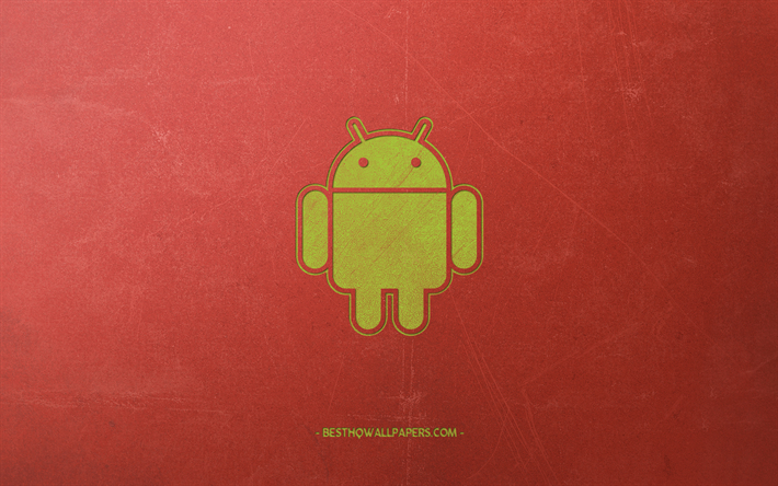 Android, yaratıcı yeşil logo, robot, turuncu retro arka plan, yaratıcı sanat, Android amblemi