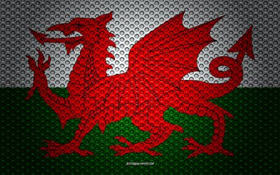 Flagga av Wales, 4k, kreativ konst, metalln&#228;t konsistens, Wales flagga, nationell symbol, Wales, Europa, flaggor f&#246;r Europeiska l&#228;nder