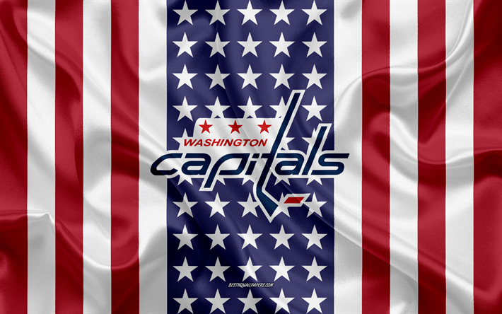 Washington Capitals, 4k, logotyp, emblem, siden konsistens, Amerikanska flaggan, American hockey club, NHL, Washington, USA, National Hockey League, ishockey, silk flag