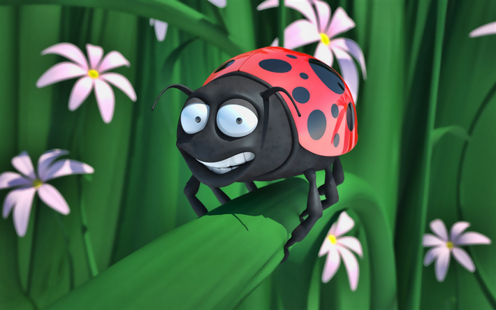 ladybug on stalk, 3D art, creative, ladybug, plants, cartoon insects, 3D ladybugs