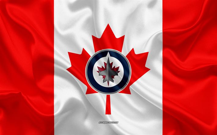 Winnipeg Jets, 4k, logo, tunnus, silkki tekstuuri, Kanadan lippu, Canadian hockey club, NHL, Winnipeg, Manitoba, Kanada, USA, National Hockey League, J&#228;&#228;kiekko, silkki lippu