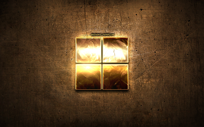Microsoft golden logo, creative, brown metal background, Microsoft new logo, brands, Microsoft