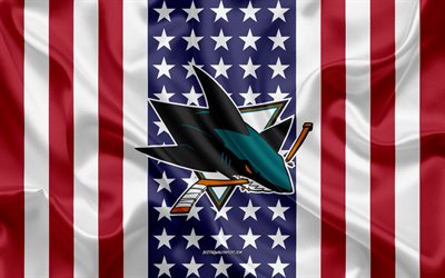 san jose sharks, 4k, logo, emblem, seide textur, amerikanische flagge, amerikanische eishockey-club, nhl, san jose, california, usa, national hockey league, eishockey, seide flagge