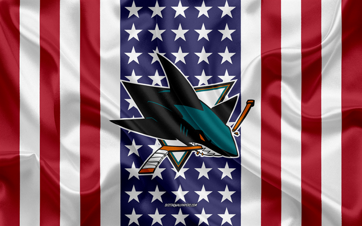 Sharks de San Jose, 4k, le logo, l&#39;embl&#232;me, la texture de la soie, American flag, American club de hockey, NHL, San Jose, Californie, etats-unis, la Ligue Nationale de Hockey, hockey sur glace, le drapeau de soie