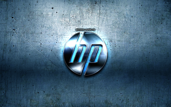 HP logo, mavi metal arka plan, Hewlett-Packard, yaratıcı, HP marka, HP 3D logo, resimler, HP metal logo, Hewlett-Packard logosu