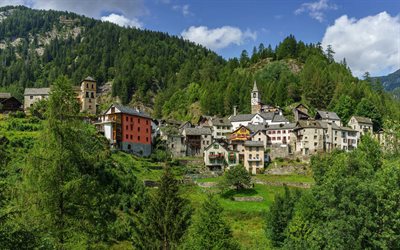 small Swiss town, Alps, mountains, summer, forest, mountain landscape, Switzerland