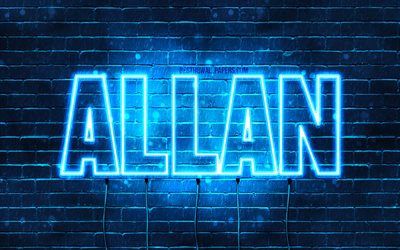 Allan, 4k, sfondi per il desktop con i nomi, il testo orizzontale, Allan nome, Felice Compleanno Allan, neon blu, immagine con nome Allan