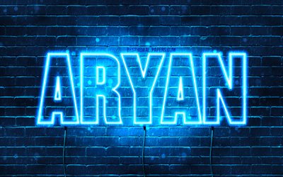 Aryan, 4k, wallpapers with names, horizontal text, Aryan name, Happy Birthday Aryan, blue neon lights, picture with Aryan name