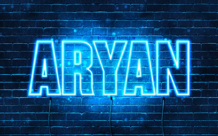 Aryan, 4k, wallpapers with names, horizontal text, Aryan name, Happy Birthday Aryan, blue neon lights, picture with Aryan name