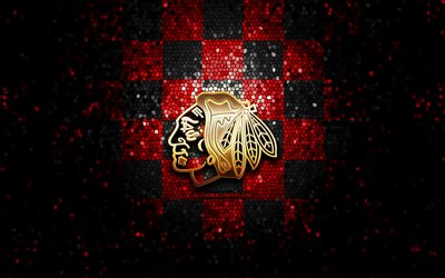 Chicago Blackhawks, glitter logo, NHL, red black checkered background, USA, american hockey team, Chicago Blackhawks logo, mosaic art, hockey, America