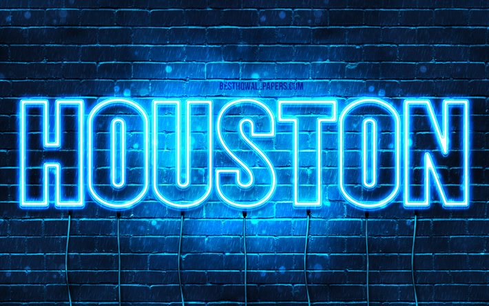 Houston, 4k, les papiers peints avec les noms, le texte horizontal, Houston nom, Joyeux Anniversaire Houston, bleu n&#233;on, une photo avec le nom de Houston