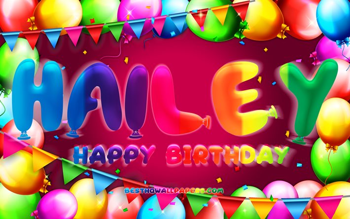 Buon Compleanno Hailey, 4k, palloncino colorato telaio, Hailey nome, sfondo viola, Hailey buon Compleanno, Hailey Compleanno, popolare olandese nomi di donna, Compleanno, concetto, Hailey