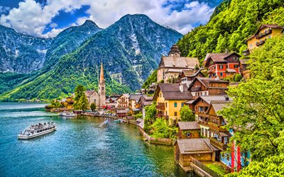 Hallstatt, summer, HDR, mountains, Salzkammergut, Austria, beautiful nature, austrian cities, Europe