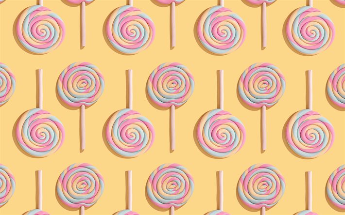 質感のお菓子, 質感とlollipops, ピンクに黄色lollipops, 黄色の背景とお菓子, lollipops, 食感