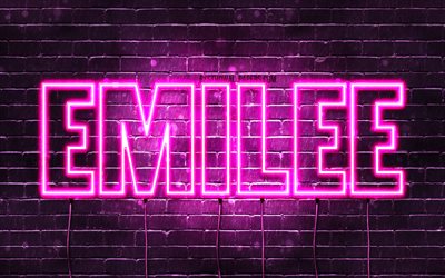 Emilee, 4k, tapeter med namn, kvinnliga namn, Emilee namn, lila neon lights, Grattis P&#229; F&#246;delsedagen Emilee, bild med Emilee namn