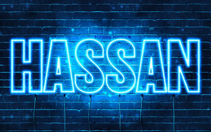 Download wallpapers Hassan, 4k, wallpapers with names, horizontal text,  Hassan name, Happy Birthday Hassan, blue neon lights, picture with Hassan  name for desktop free. Pictures for desktop free