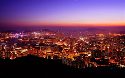 Hong Kong, 4k, sunset, kiinan kaupungeissa, skyline, pilvenpiirt&#228;ji&#228;, moderneja rakennuksia, Kiina, Aasiassa