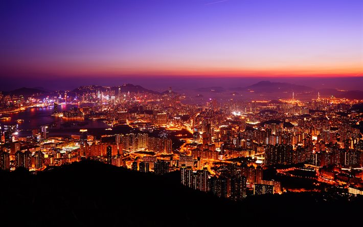 香港, 4k, 夕日, 中国の都市, スカイライン, 高層ビル群, 近代ビル, 中国, アジア