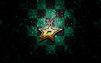 Dallas Stars, glitter logo, NHL, green black checkered background, USA, american hockey team, Dallas Stars logo, mosaic art, hockey, America