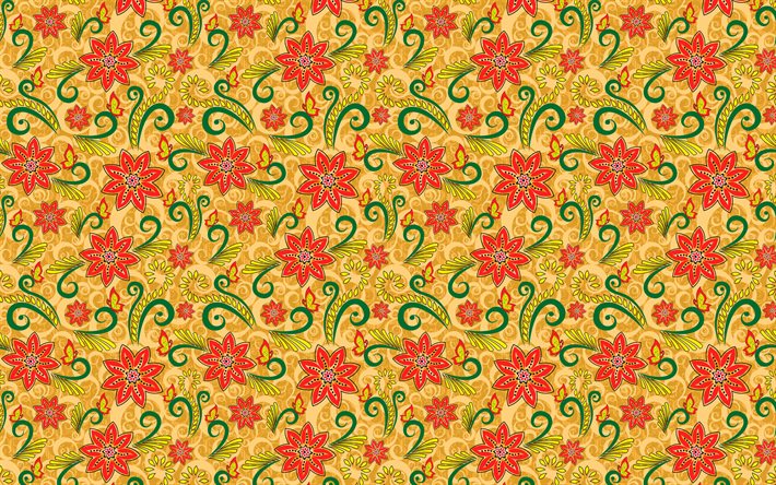 rouge motif fleurs, 4k, motifs floraux, d&#39;arri&#232;re-plan avec des fleurs, des motifs floraux, abstrait, motif fleurs, floral de textures, de l&#39;art d&#233;coratif