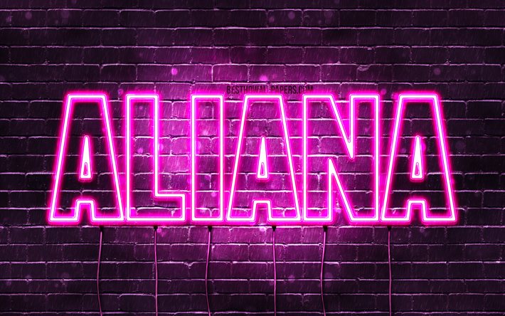 Aliana, 4k, tapeter med namn, kvinnliga namn, Aliana namn, lila neon lights, Grattis P&#229; F&#246;delsedagen Aliana, bild med Aliana namn