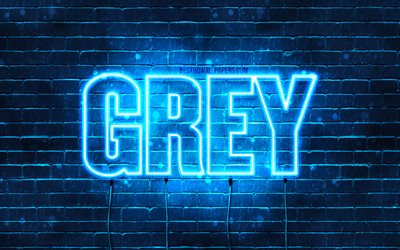 Grey, 4k, wallpapers with names, horizontal text, Grey name, Happy Birthday Grey, blue neon lights, picture with Grey name