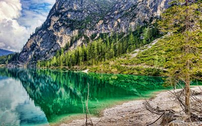 Dolomites, 4k, 夏, グリーンレイク, 山々, 美しい自然, イタリア, イタリアの自然, 欧州