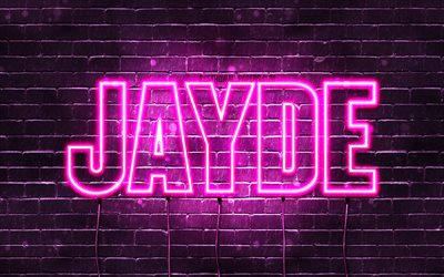 Jayde, 4k, tapeter med namn, kvinnliga namn, Jayde namn, lila neon lights, Grattis P&#229; F&#246;delsedagen Jayde, bild med Jayde namn