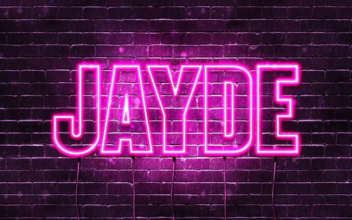 Jayde, 4k, خلفيات أسماء, أسماء الإناث, Jayde اسم, الأرجواني أضواء النيون, عيد ميلاد سعيد Jayde, صورة مع Jayde اسم
