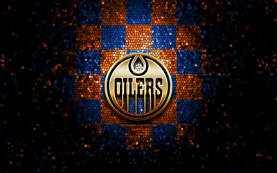 Edmonton Oilers, glitter logotipo, NHL, laranja azul fundo quadriculado, EUA, americana time de h&#243;quei, Edmonton Oilers logotipo, arte em mosaico, h&#243;quei, Am&#233;rica