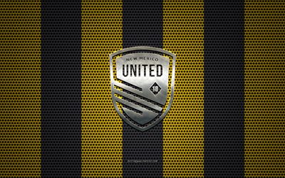 New Mexico United logo, American soccer club, metal emblem, yellow-black metal mesh background, New Mexico United, USL, Albuquerque, New Mexico, USA, soccer