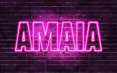 Amaia, 4k, wallpapers with names, female names, Amaia name, purple neon lights, Happy Birthday Amaia, picture with Amaia name