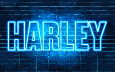 Harley, 4k, fondos de pantalla con los nombres, el texto horizontal, Harley nombre, Feliz Cumplea&#241;os Harley, luces azules de ne&#243;n, de la imagen con el nombre de Harley