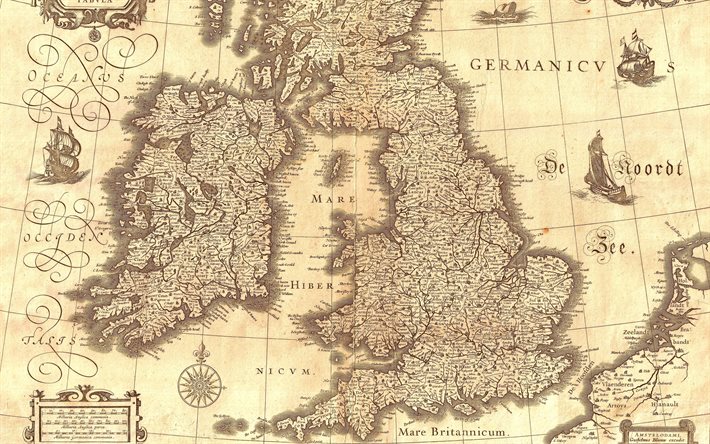 Mapa da Gr&#227;-Bretanha e Irlanda, mapas do s&#233;culo 17, 1691, mapas antigos, Reino Unido, Irlanda, mapa