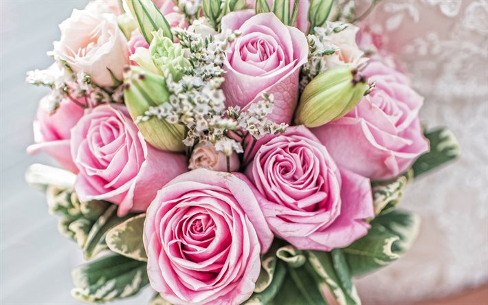 bouquet di rose rosa, bellissimi fiori rosa, rose rosa, sfondo per il biglietto di auguri con le rose, bouquet, rose