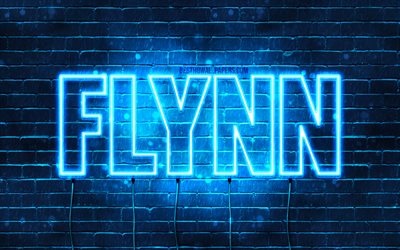 Flynn, 4k, tapeter med namn, &#246;vergripande text, Flynn namn, Grattis P&#229; F&#246;delsedagen Flynn, bl&#229;tt neonljus, bild med Flynn namn