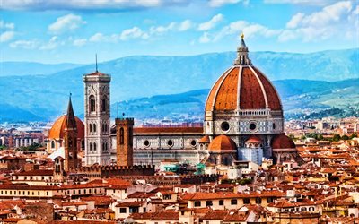 Florence, skyline, Cathedral of Saint Mary of the Flower, italian cities, summer, landmark, HDR, Florence Cathedral, Tuscany, Italy, Europe