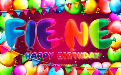 Happy Birthday Fiene, 4k, colorful balloon frame, Fiene name, purple background, Fiene Happy Birthday, Fiene Birthday, popular dutch female names, Birthday concept, Fiene
