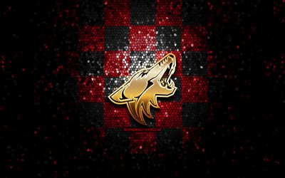 Arizona Coyotes, glitter logo, NHL, red black checkered background, USA, american hockey team, Arizona Coyotes logo, mosaic art, hockey, America