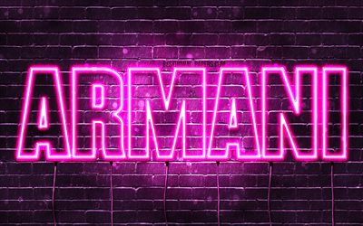 Armani, 4k, sfondi per il desktop con i nomi, nomi di donna, Armani nome, viola neon, buon Compleanno Armani, immagine con nome Armani