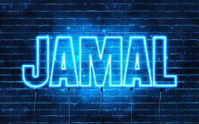 Jamal, 4k, pap&#233;is de parede com os nomes de, texto horizontal, Jamal nome, Feliz Anivers&#225;rio Jamal, luzes de neon azuis, imagem com Jamal nome