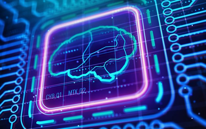 cervello concetti, neon blu, cervello, chip, scheda, blu sfondo di tecnologia, Intelligenza artificiale